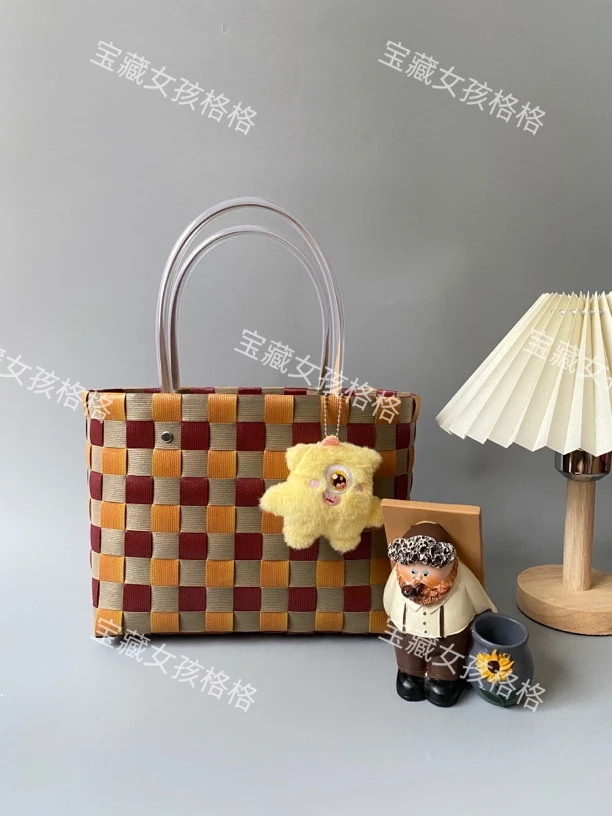 时尚拼色手工编织包小众手工菜篮子编织包成品（包身双层）