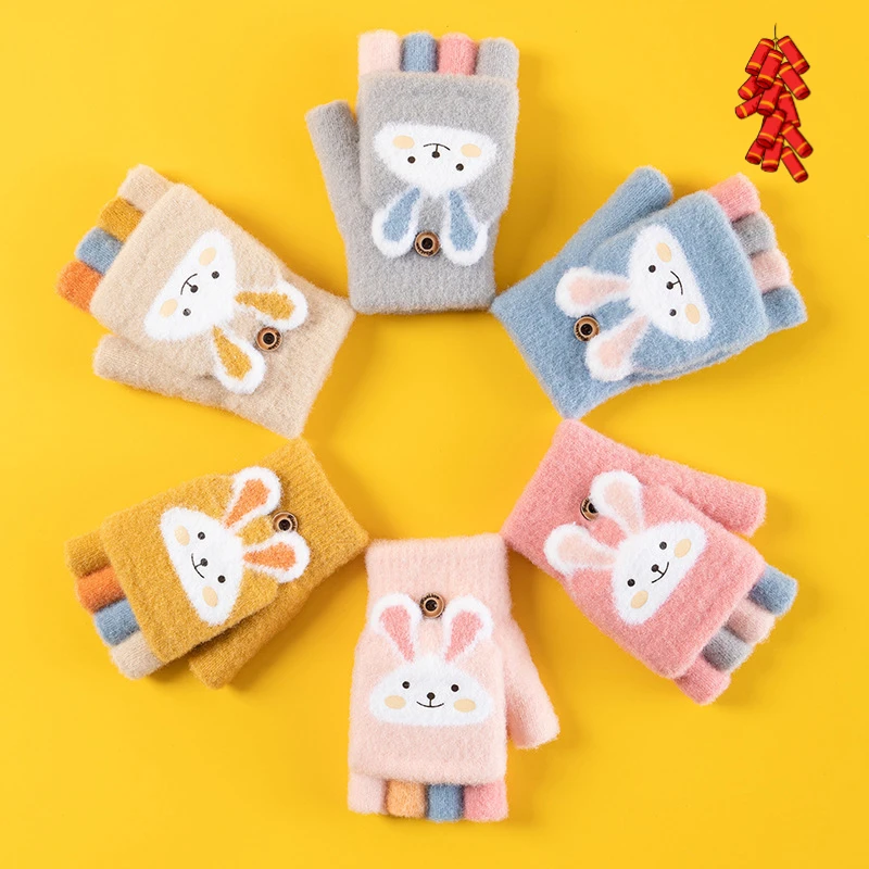儿童宝宝小手套分指秋冬季男女保暖加绒加厚卡通半指翻盖露指手套
