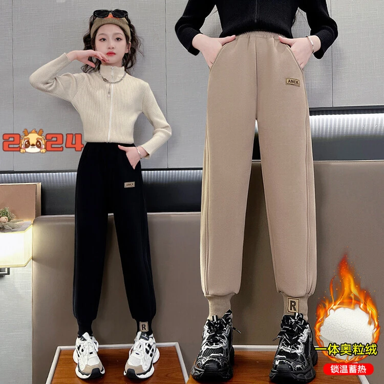 秋冬季女童一体绒裤子韩版时尚加绒加厚保暖束脚裤洋气运动休闲裤