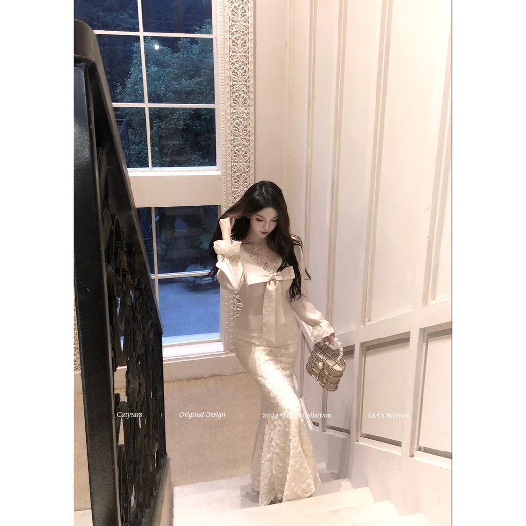 Catyears猫年【杏子茶花】立体花朵蕾丝包臀裙女秋冬气质鱼尾半身裙