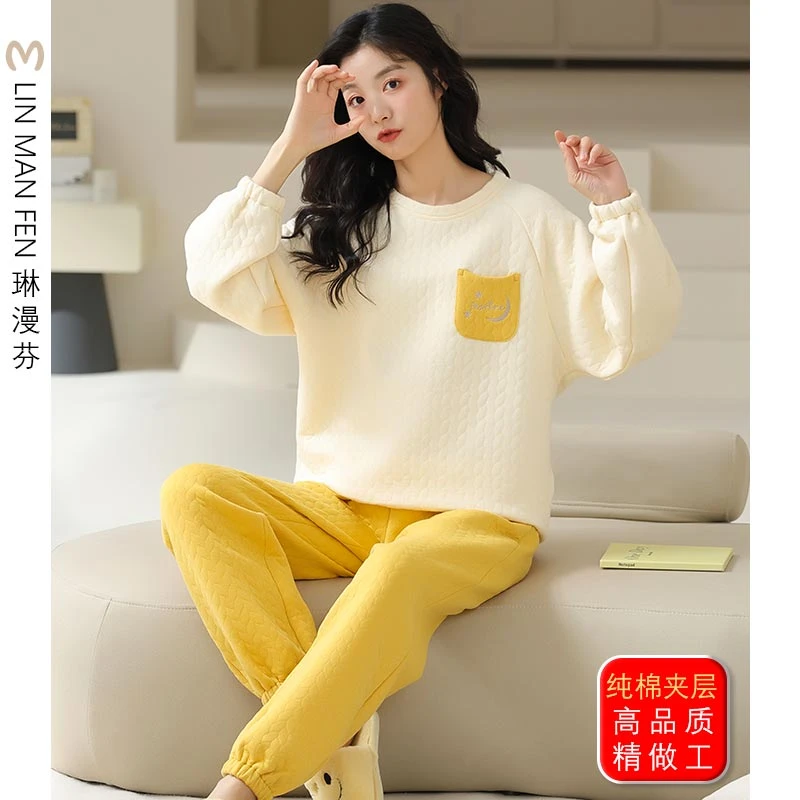 秋冬纯棉夹层睡衣女长袖大码可外穿加厚家居服加厚加绒保暖睡衣女