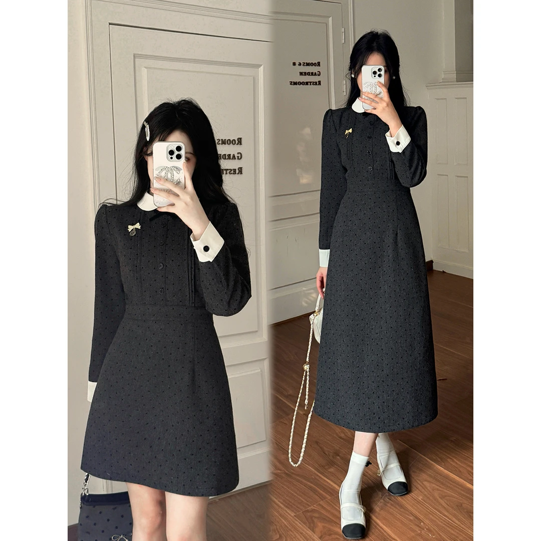 大码女装法式气质设计款毛呢连衣裙胖MM藏肉显瘦闺蜜裙女