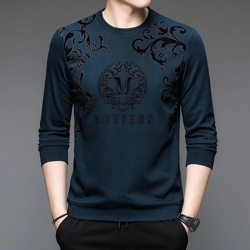 皮尔卡丹春秋季长袖恤男士时尚休闲百搭气质打底衫印花圆领卫衣