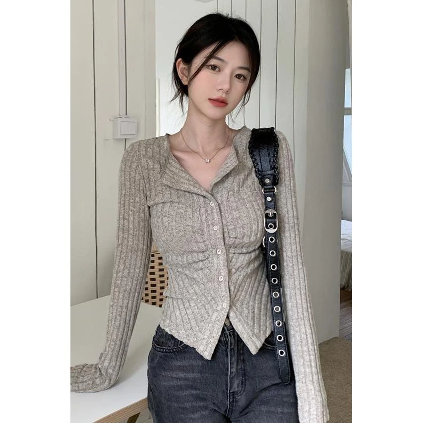 微胖肉肉女生2025春季新款美式纯欲修身气质长袖辣妹针织开衫8055