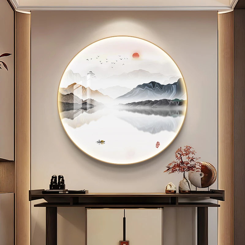意境山水圆形装饰画中式玄关过道墙画客厅风景画走廊过道茶室挂画
