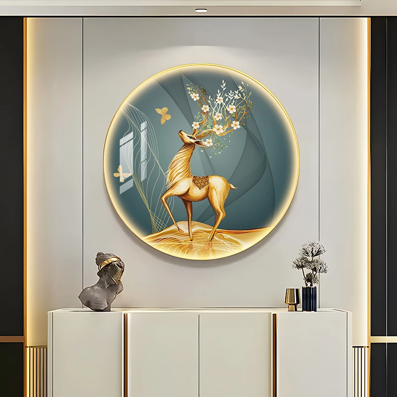 现代圆形玄关装饰画鹿鹿高升轻奢麋鹿餐厅壁画走廊客厅餐厅挂画