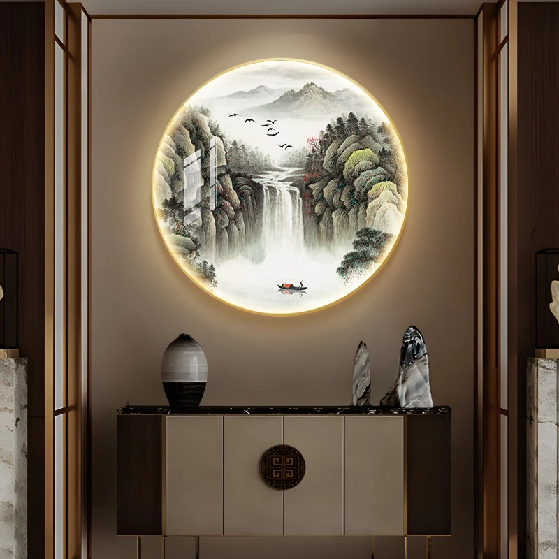 新中式玄关装饰画山水走廊尽头壁画圆形茶室书房客厅挂画山水墙画