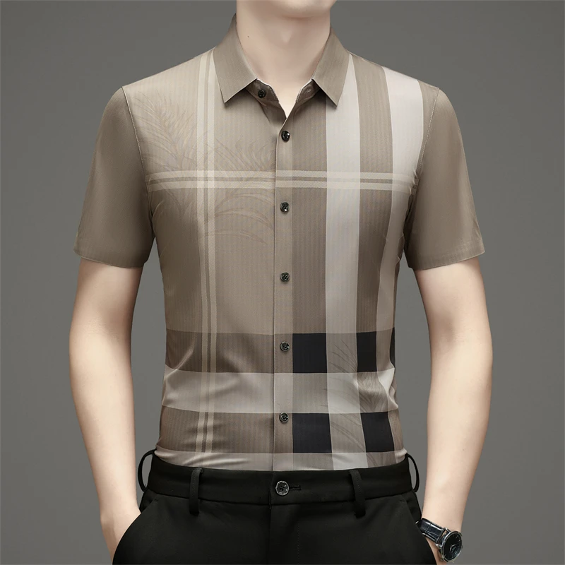 夏季新款高档奢华英伦格子冰丝短袖衬衫男士商务无痕透气免烫衬衣