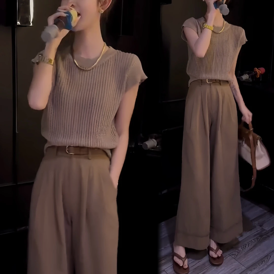 夏季慵懒风穿搭2024新款韩系时尚简约针织衫百搭高腰显瘦阔腿裤子