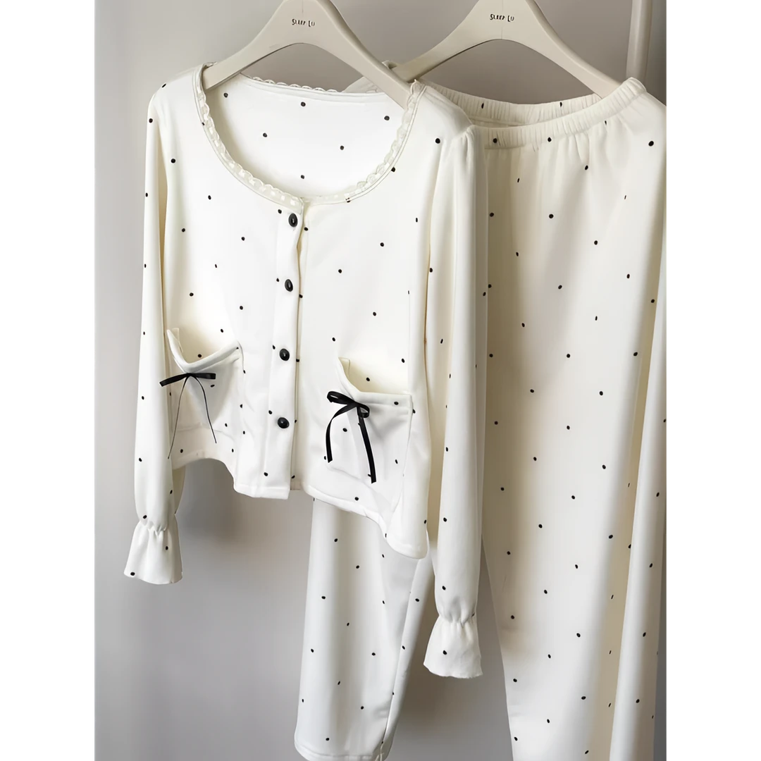 秋冬季海岛绒新款睡衣女小香风波点甜美法式加厚保家居服长袖大码