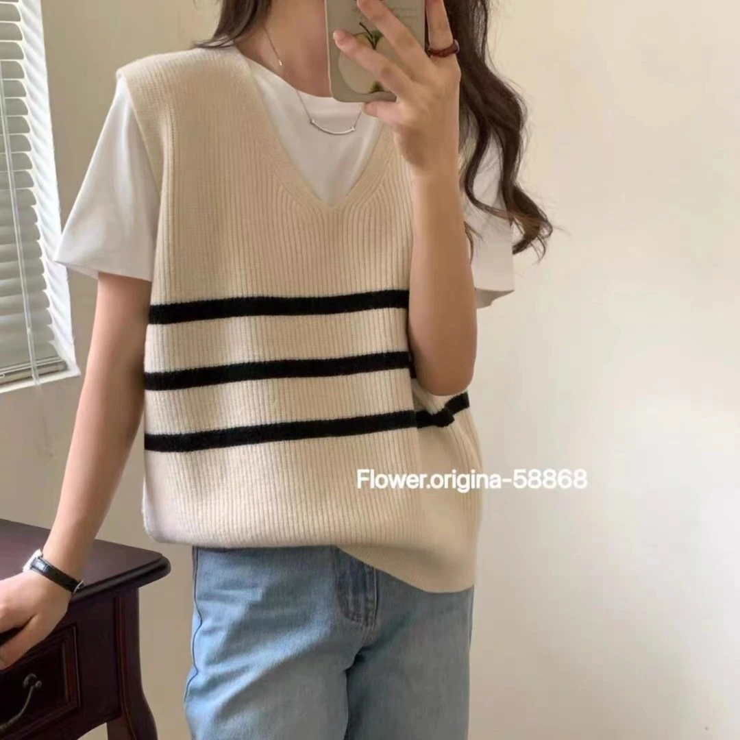 韩版春秋拼色V领撞色条纹经典无袖坎肩时尚百搭马甲背心女