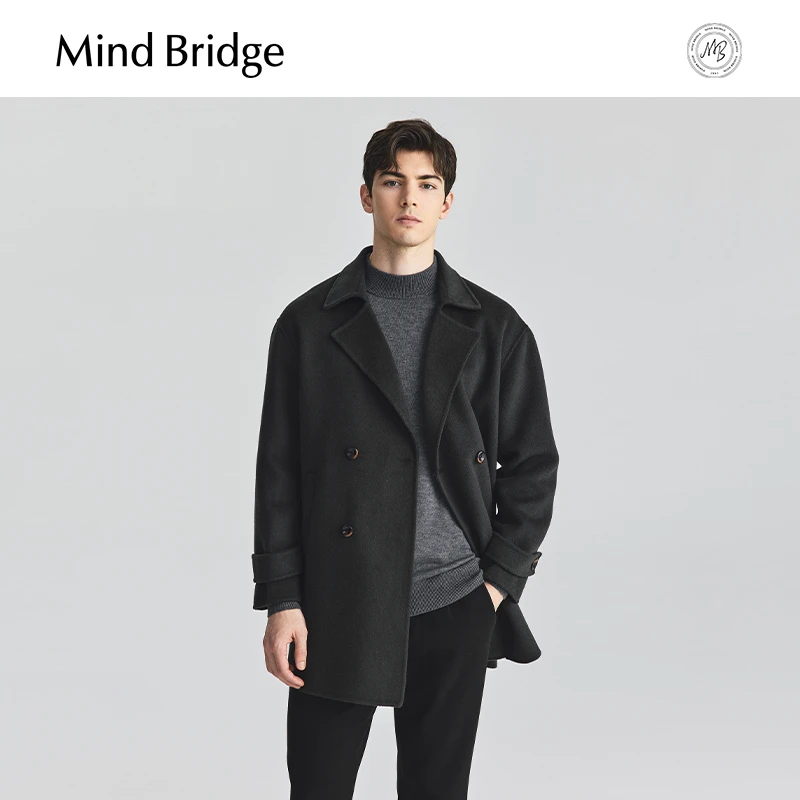 MindBridg【绵羊毛】西装领中长款大衣毛呢外套冬季双排扣呢子上衣
