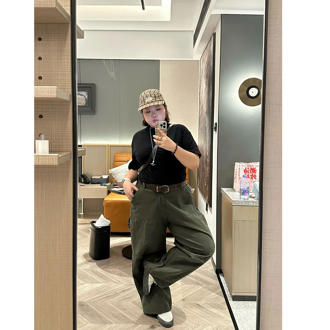 胡二家大码胖MM美式复古水洗垂感宽松弯刀牛仔裤工装阔腿拖地裤