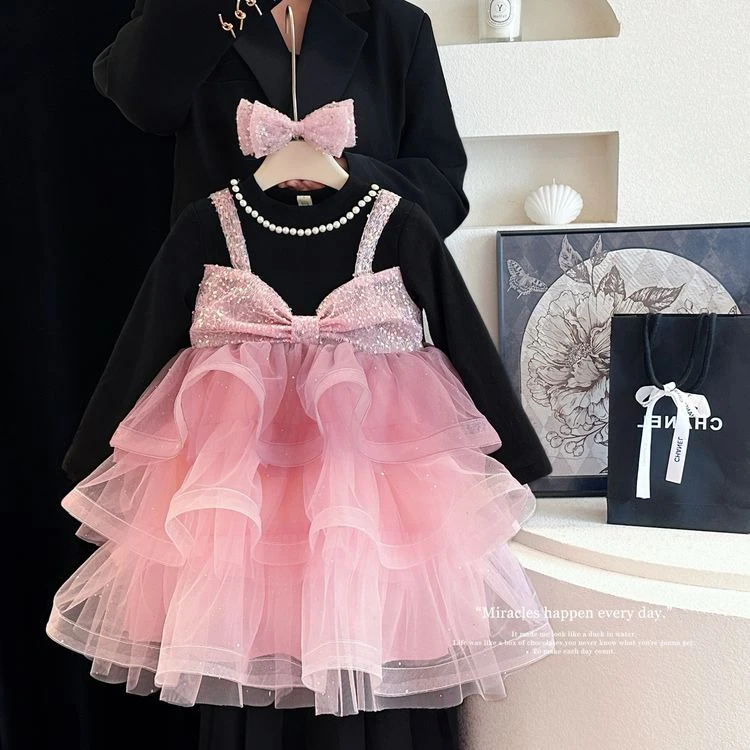 女童连衣裙秋冬洋气女宝拼接甜美假两件蛋糕裙亮片生日礼服裙网纱