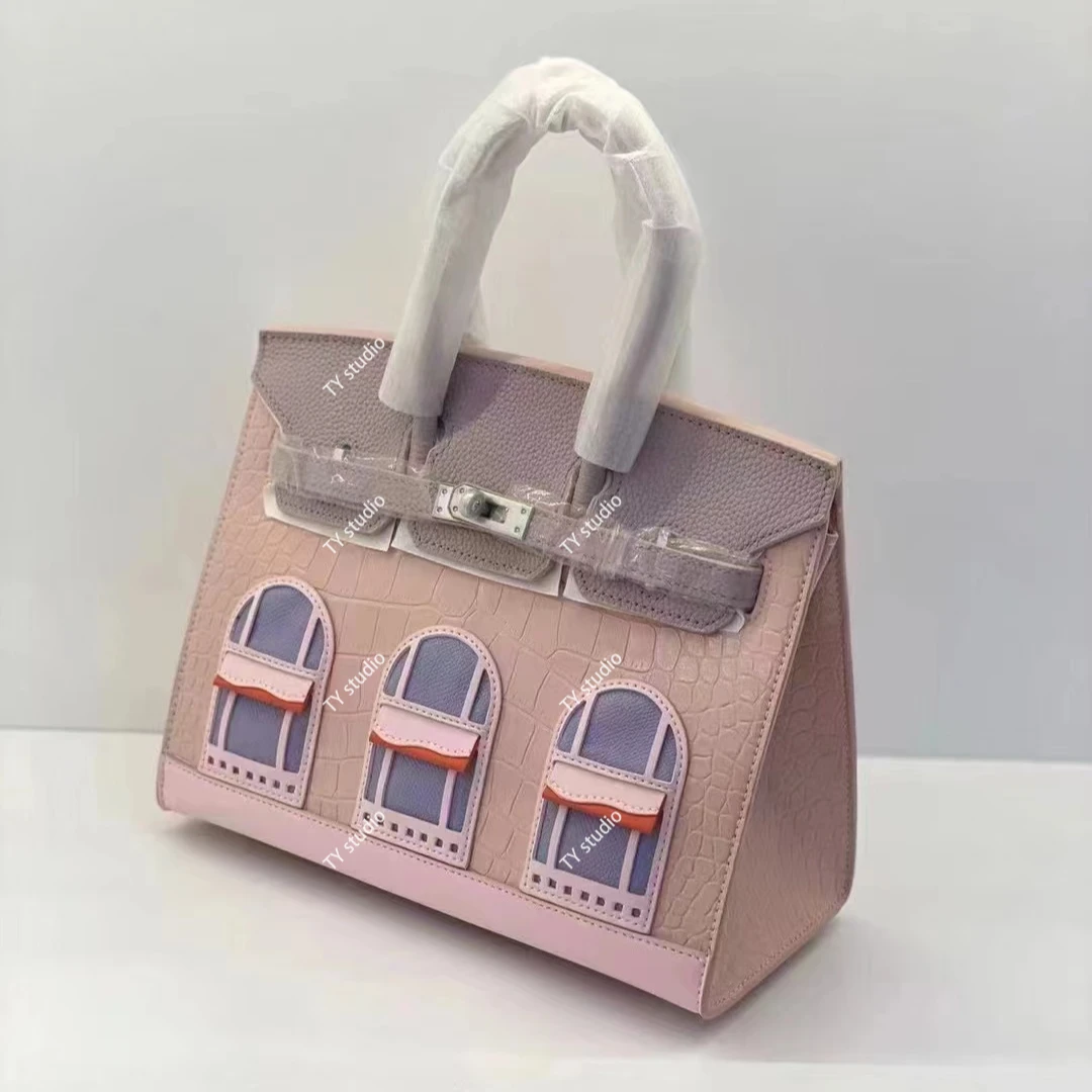 【TY】XKY-6601-粉色 大马家牛皮小房子包樱花粉手提包