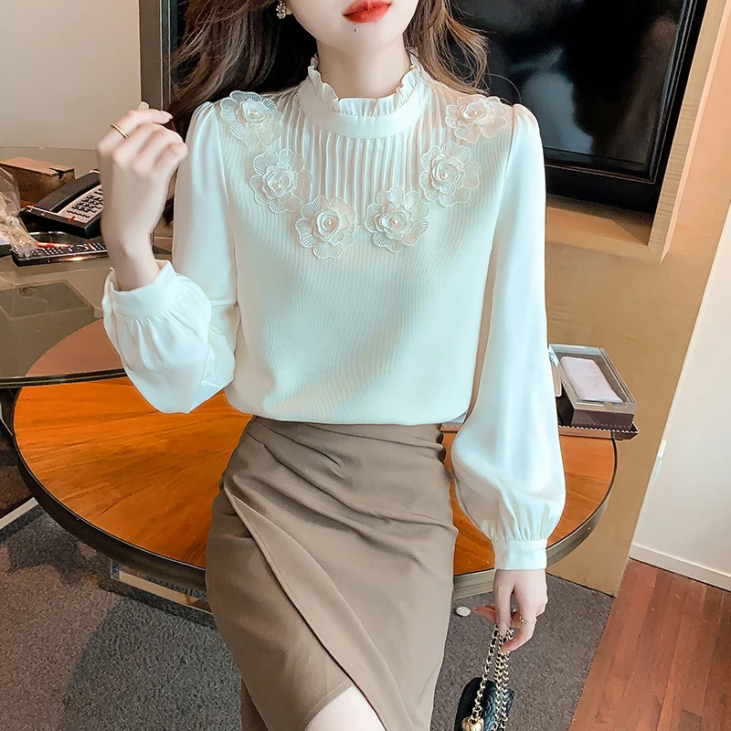 2023年秋季新款雪纺衫长袖木耳边立领衬衫修身显瘦小众薄款女装潮