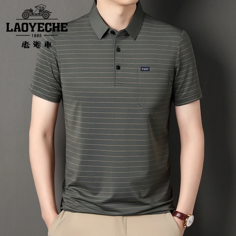 老爷车夏季新款休闲真口袋男士翻领冰丝短袖T恤宽松条纹半袖