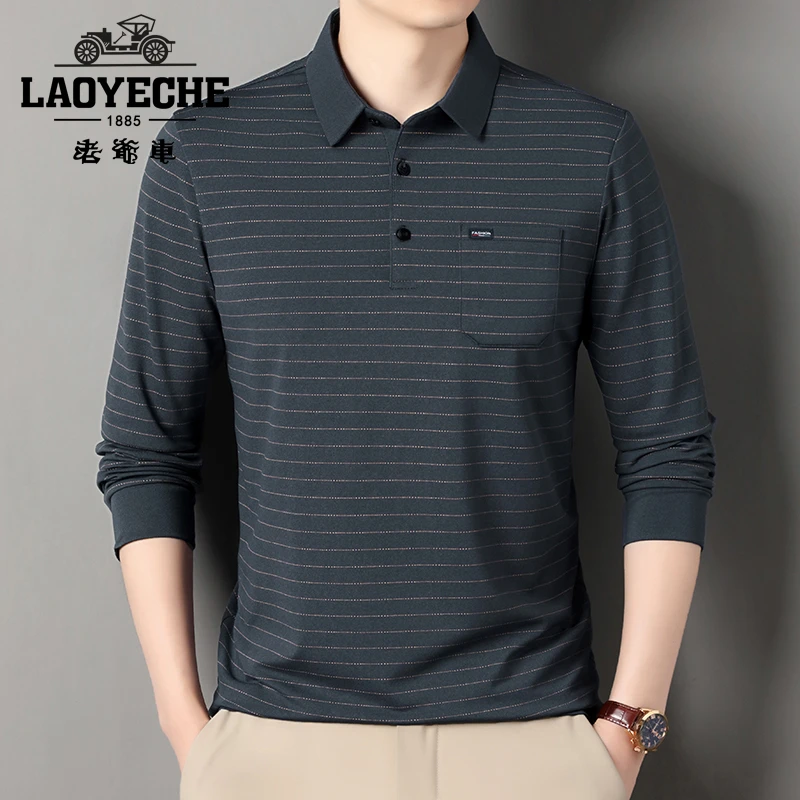 老爷车条纹真口袋男装春秋季Polo衫长袖休闲薄款上衣男商务中老年