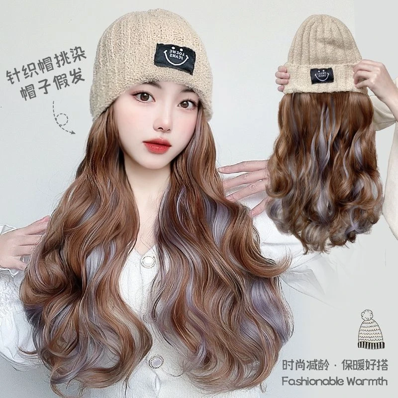 2024假发帽子一体女挑染针织假发帽子卷发仿真人发一体式连帽假发
