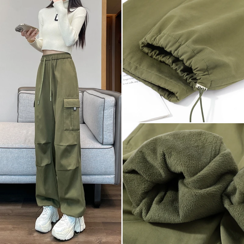 加绒工装裤女秋冬季2024新款加长加厚登山裤子高腰阔腿美式运动裤
