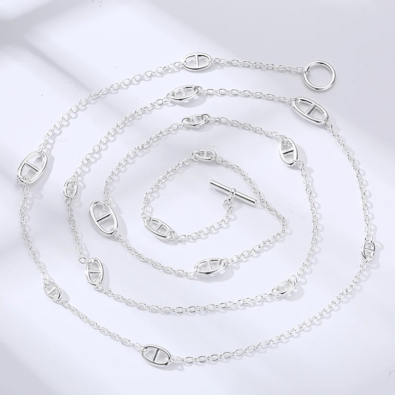 链子925银 时尚复古猪鼻子项链 流行长款猪鼻子毛衣链简约百搭