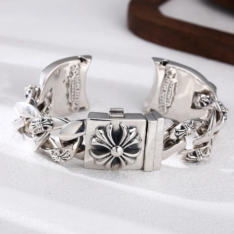 925银手链 坦克链古巴链十字花表链身 流行男女士朋克凤手链