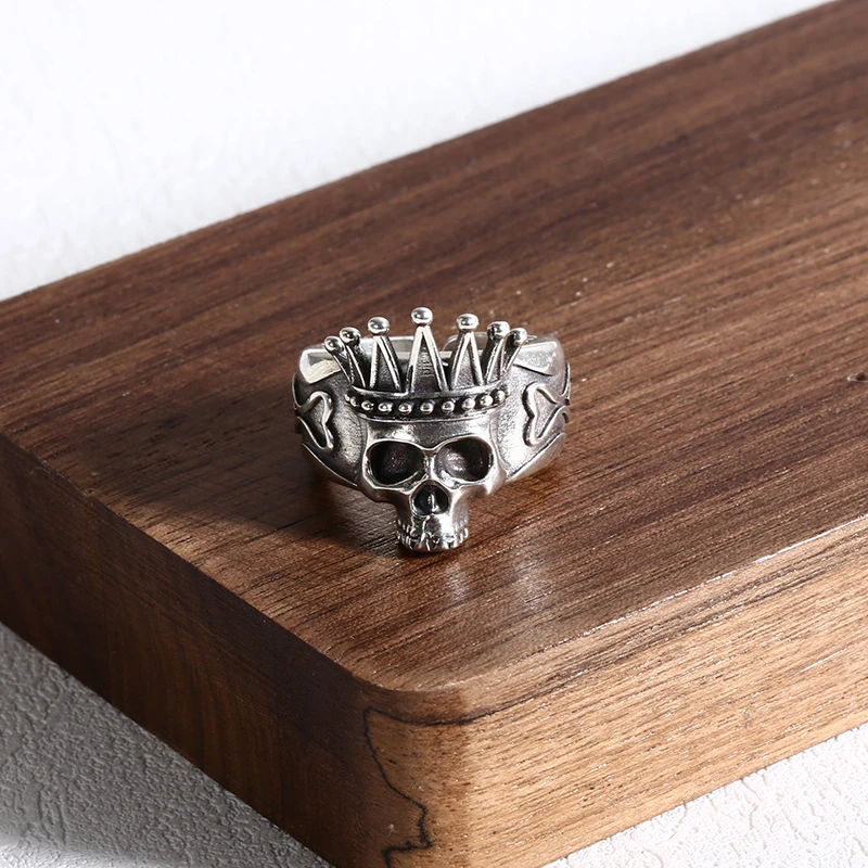 925银戒指 皇冠骷髅头戒指 男女同款开口戒指