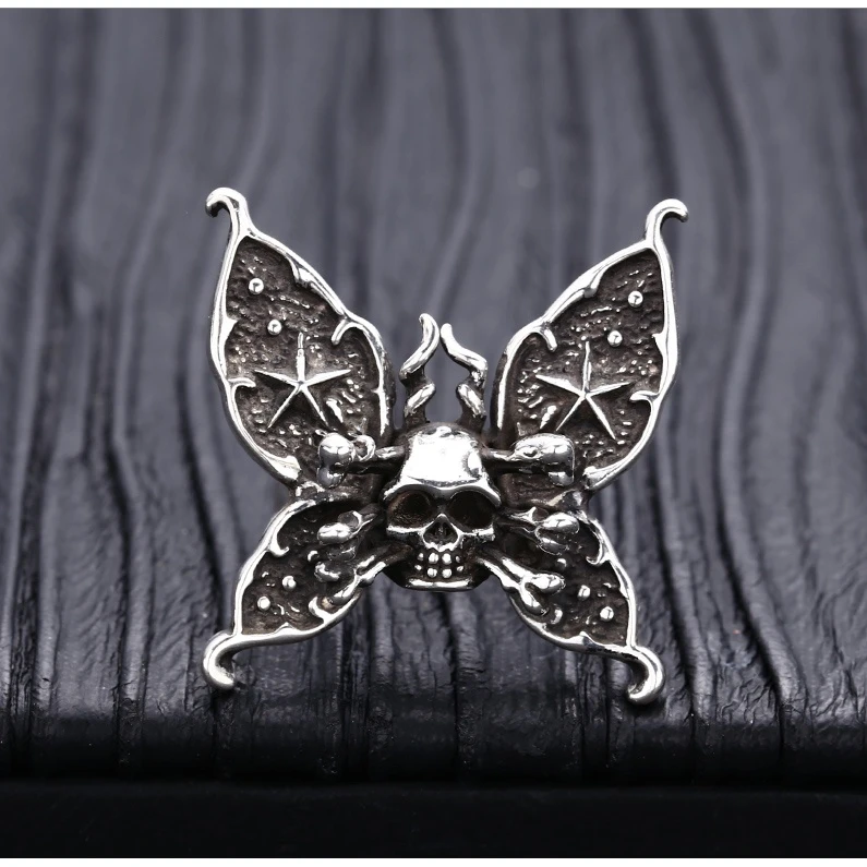 925银戒指 做旧蝴蝶骷髅戒指 男女同款开口戒指
