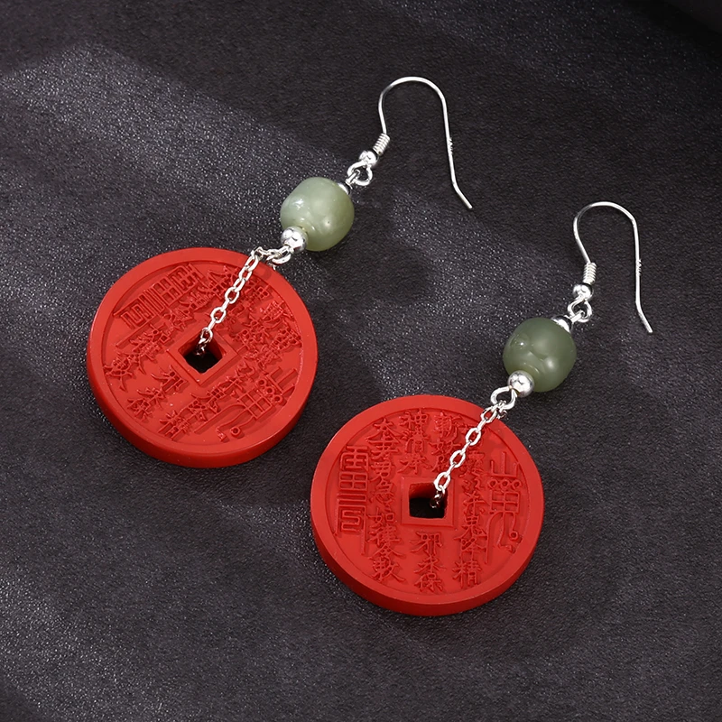 925银耳饰 流行民族风国潮红色山鬼古币耳勾耳钉 男女款流行耳饰