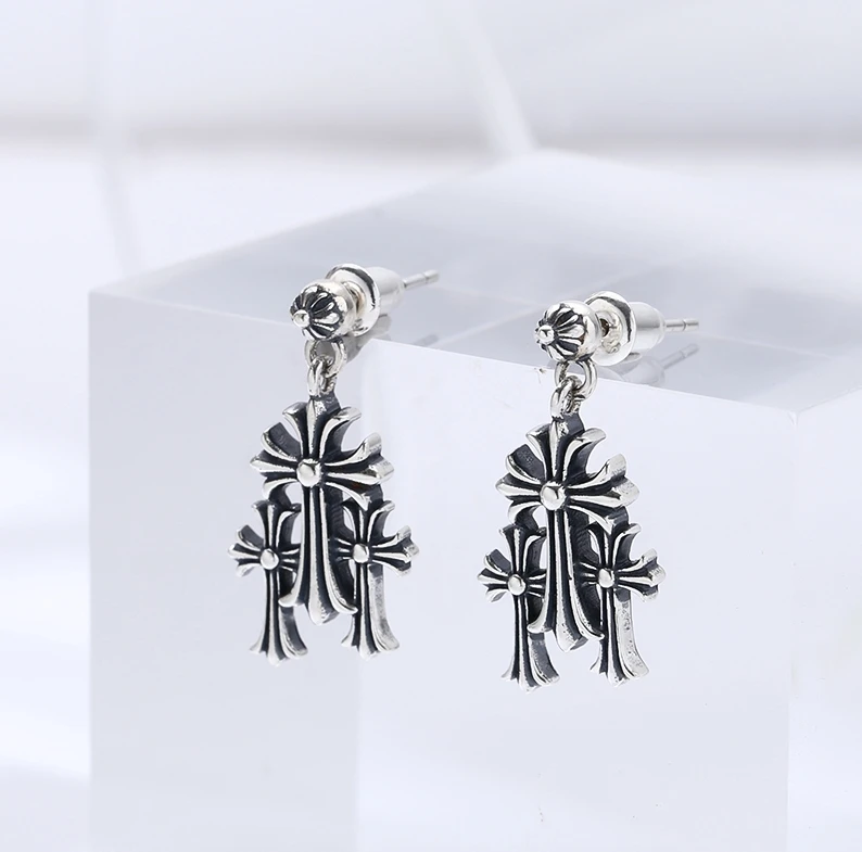 925银耳饰 叠层十字耳钉 耳扣 韩版流行耳饰个性小众