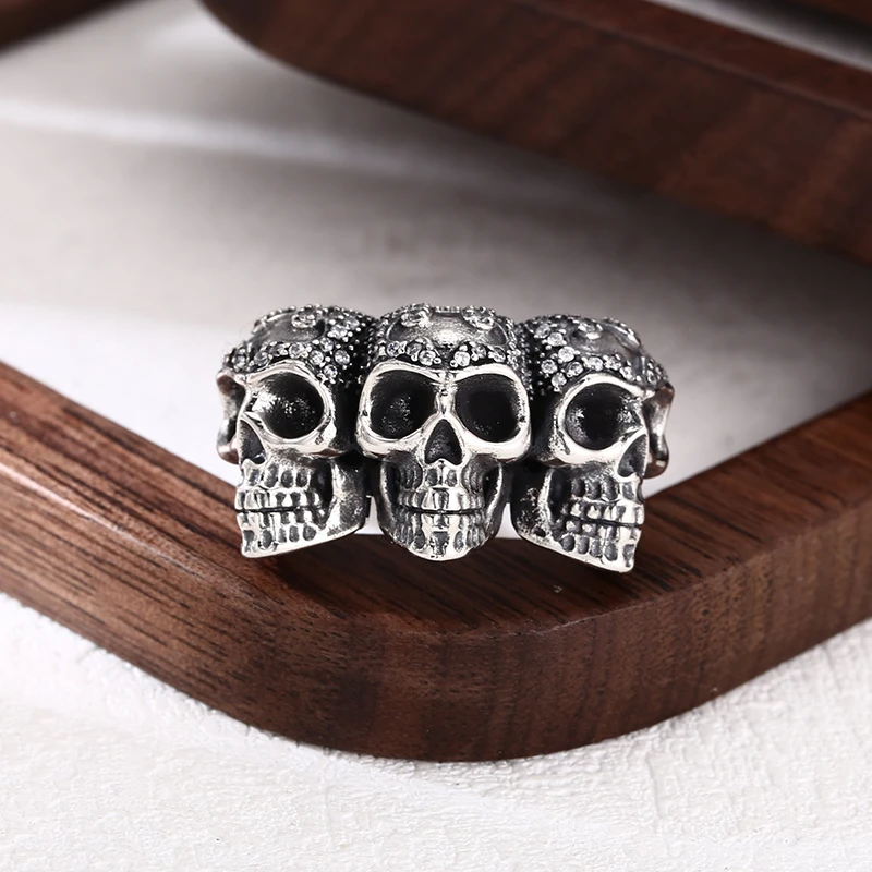 925银戒指 镶石三骷髅头戒指 男女同款开口戒指