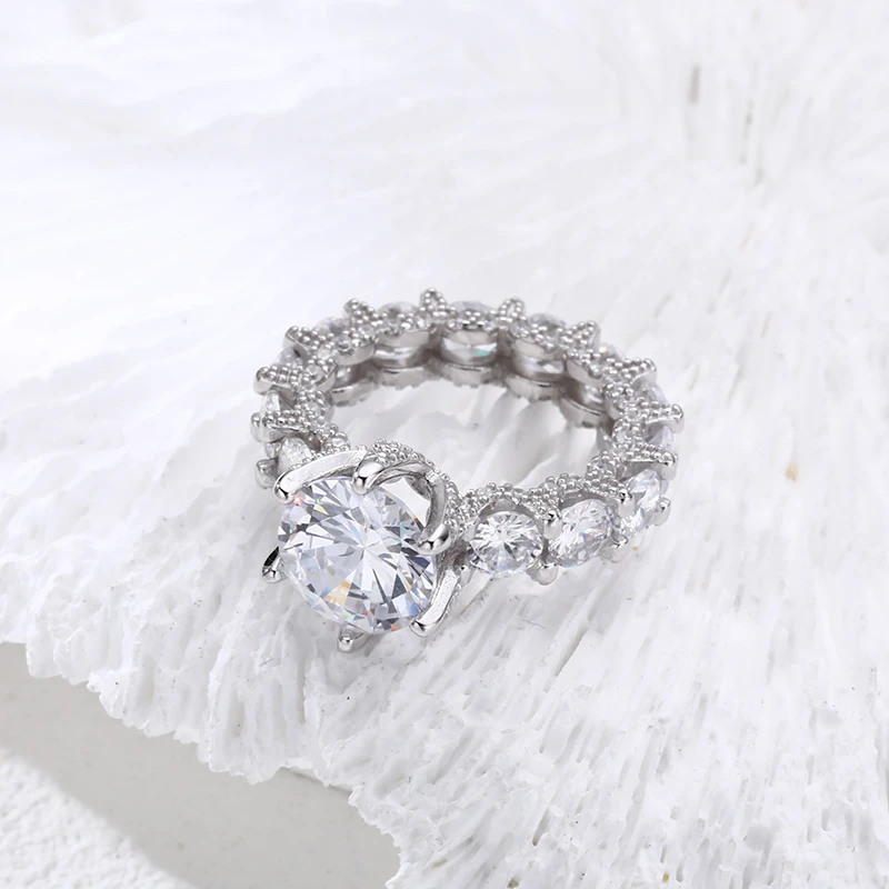 925银戒指 韩版女士精工镶石白钻闭口戒指 简约气质轻奢满钻指环