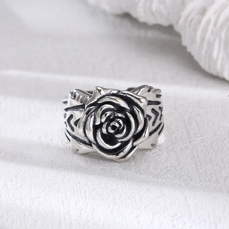 925银戒指 光面玫瑰花开口戒指 简约指环