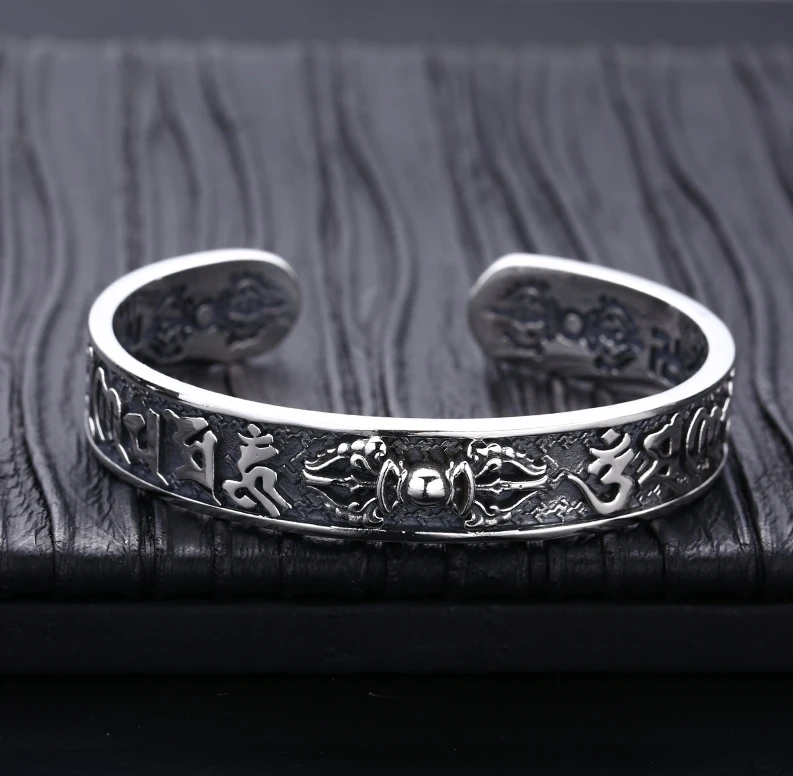925银手镯 六字真言金刚开口手镯 男女同款流行饰品