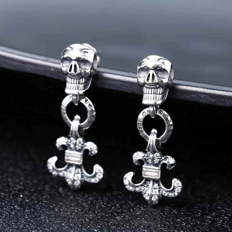 925银耳饰 时尚百搭白钻骷髅船锚耳钉 耳扣 男女款流行耳饰