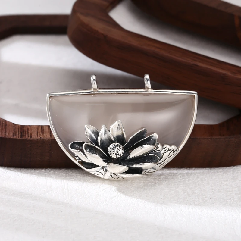 吊坠925银 双扣头半圆莲花吊坠 百搭项链流行挂坠