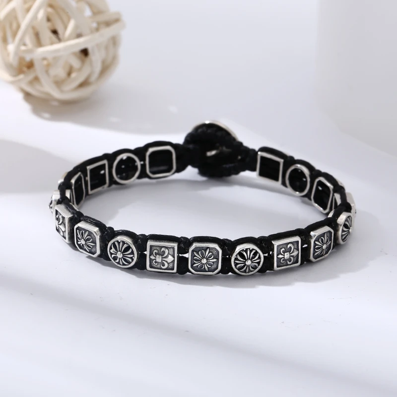 925银手链 多元素十字花流行手工编织手链