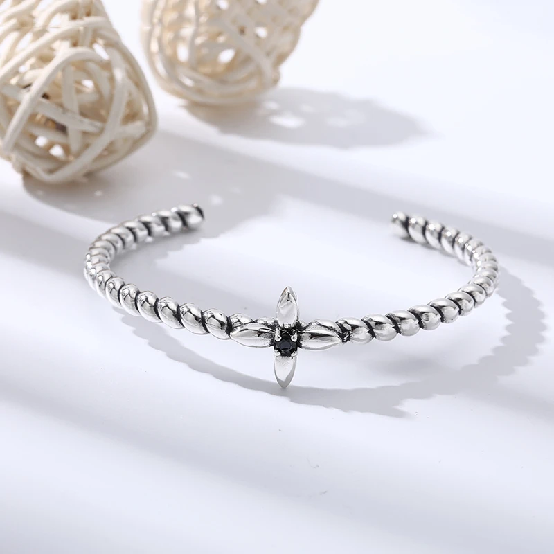 925银手镯 麻花四叶草开口手镯 男女同款流行饰品