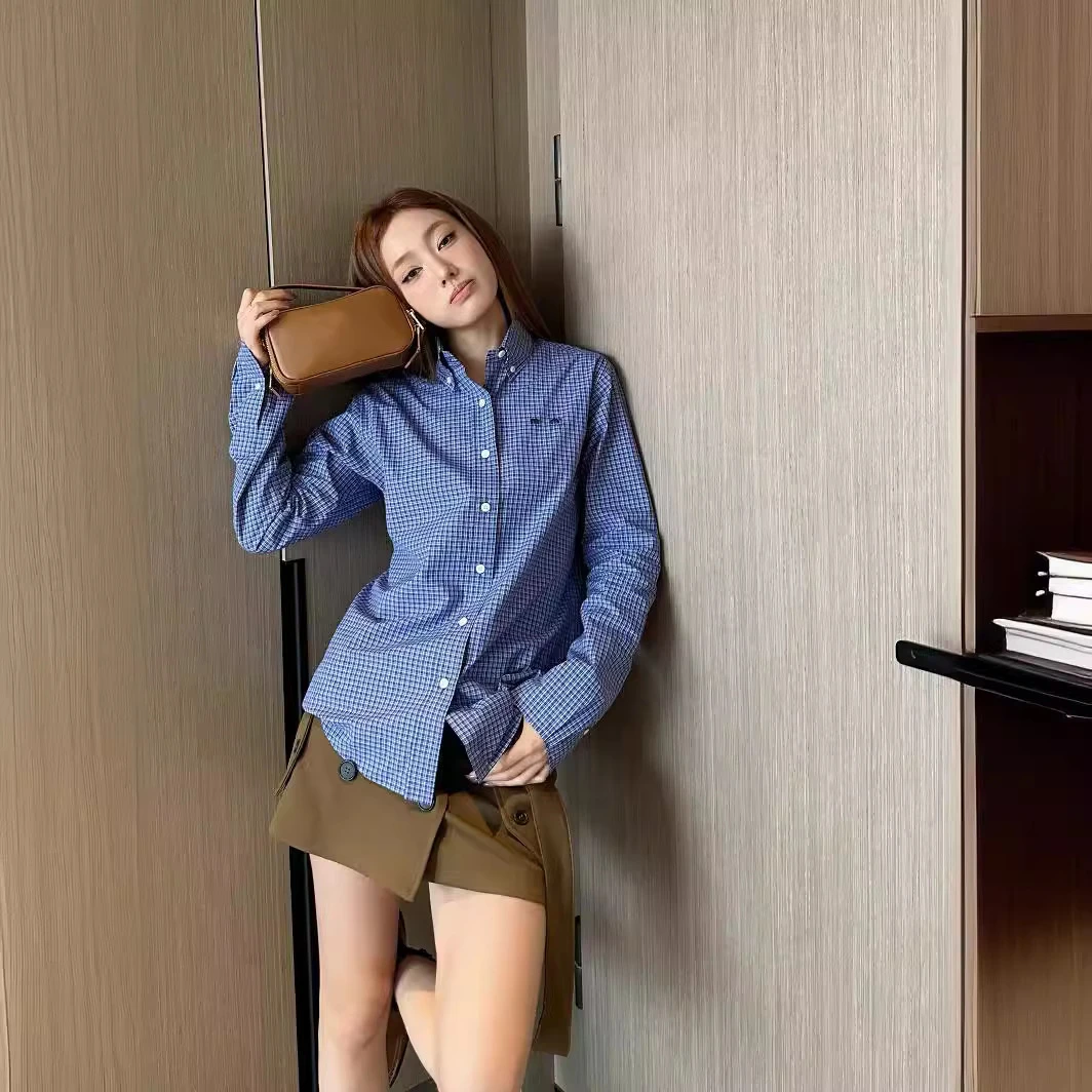 正确版 MIU系24早秋新品刺绣字母洋气宽松百搭显瘦格子长袖衬衫女