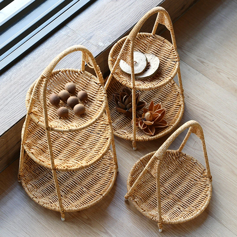 Kens创意多层水果盘欧式干果盘仿藤编家用零食盘糖果下午茶托盘篮