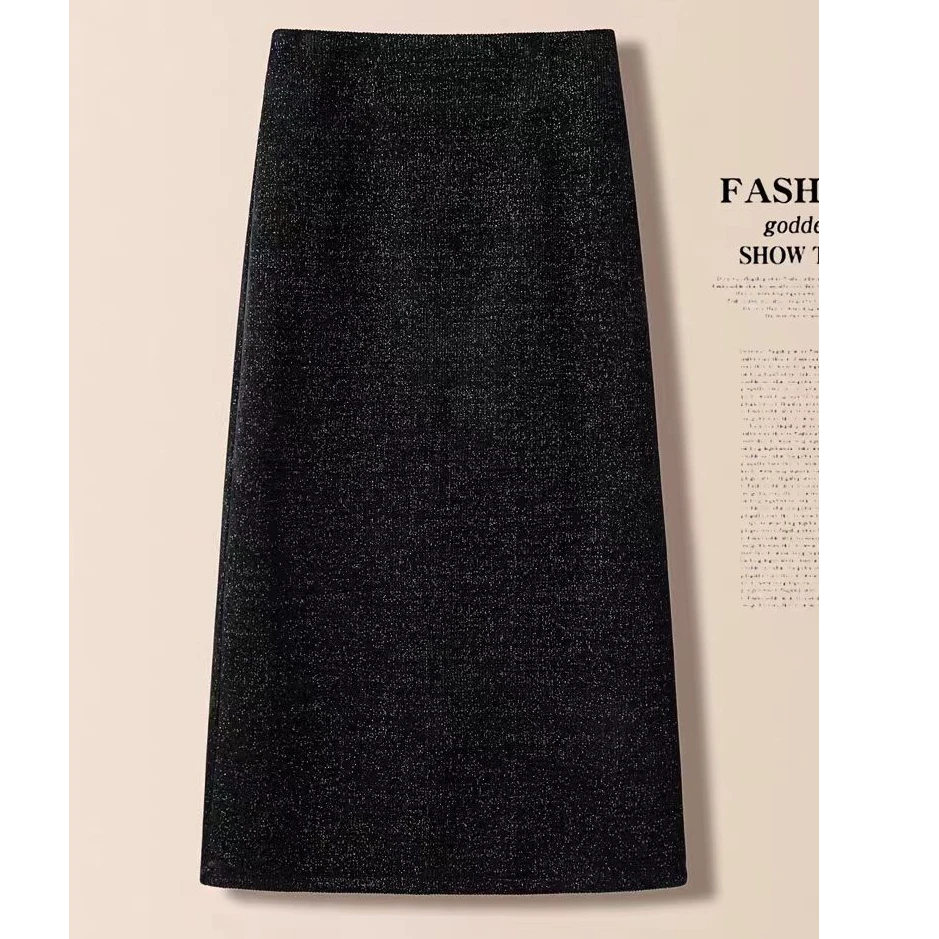 【金利源】【3个裙长】加厚开叉中长款秋冬亮丝裙子显瘦黑色百搭A字