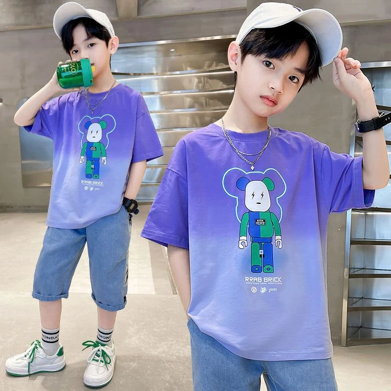 童装儿童渐变色短袖2025新款男童半袖T男孩夏季t恤中大童卡通上衣