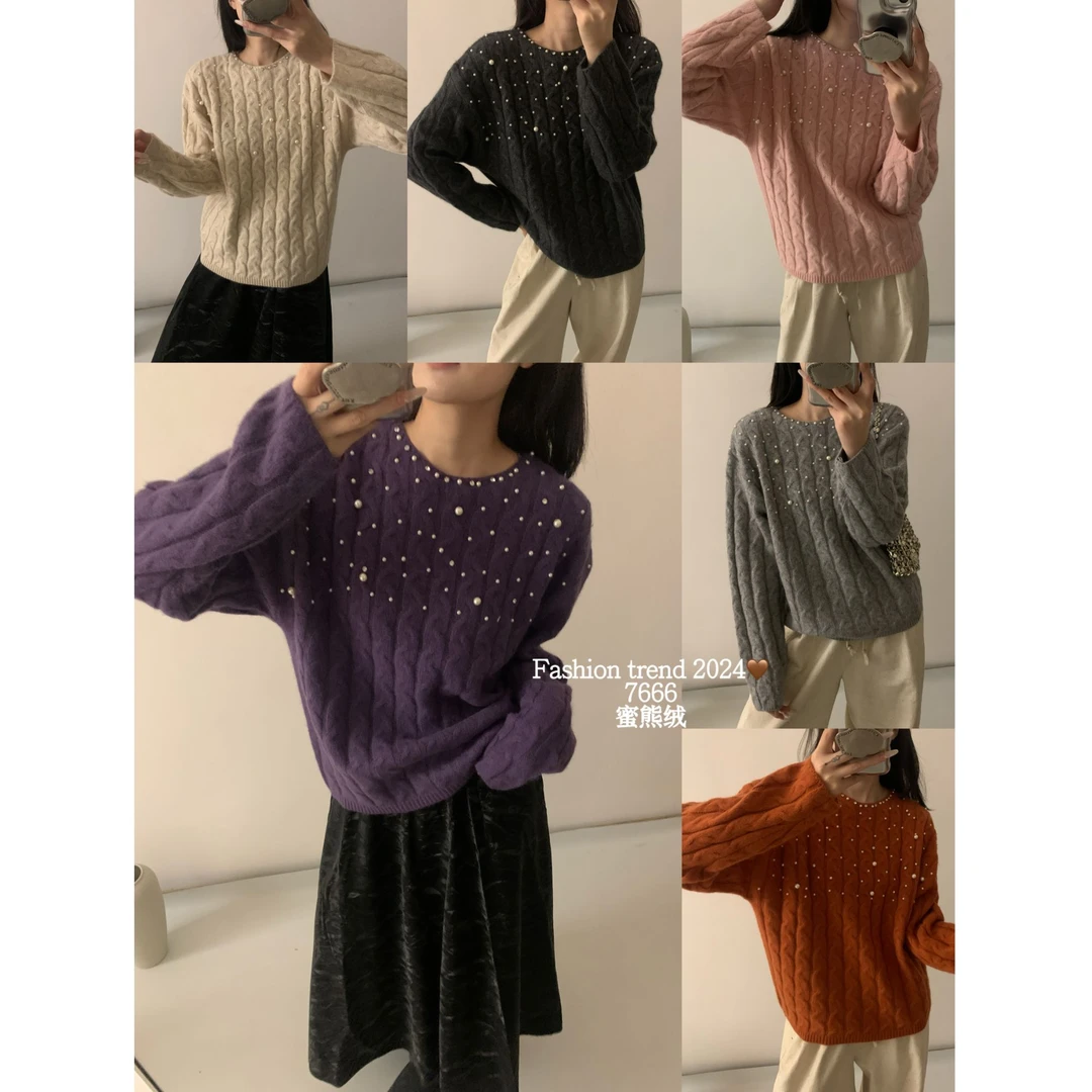 羊毛衫套头亮珠套头打底衫圆领气质针织