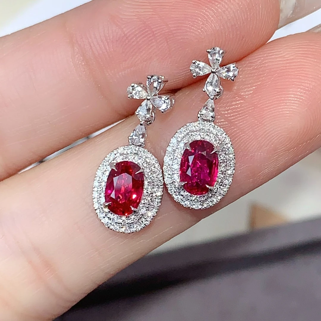 18k金无烧红宝耳钉- CGRL证书 鸽血红