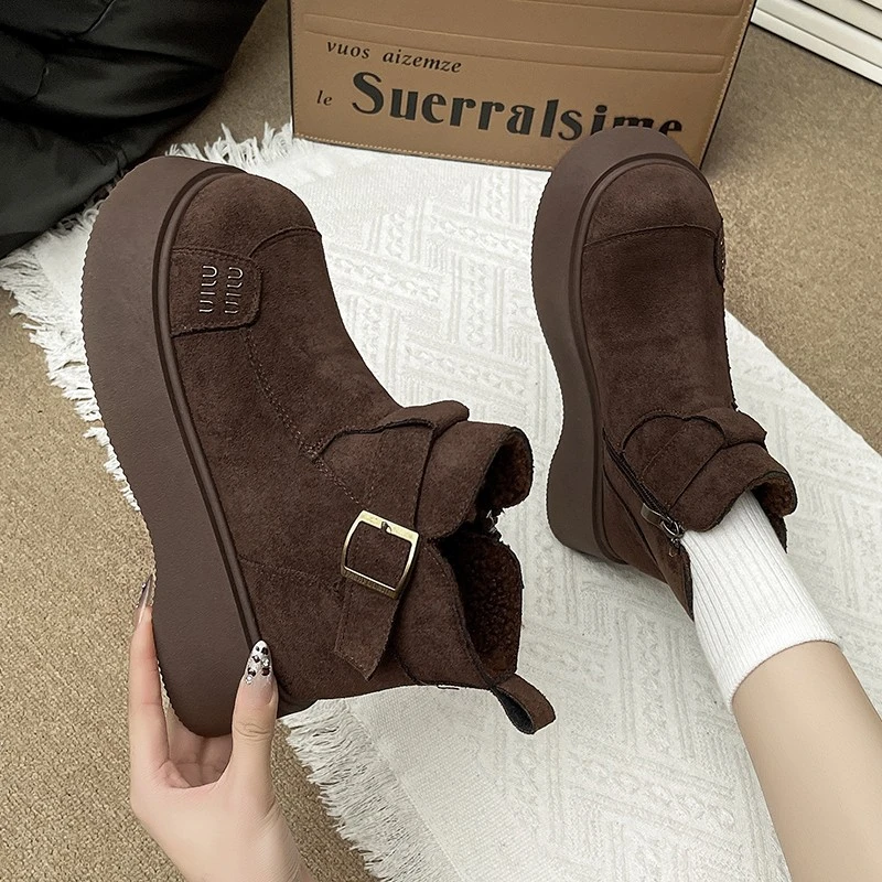 百搭复古厚底英伦风平底冬季短筒经典时尚加绒短靴