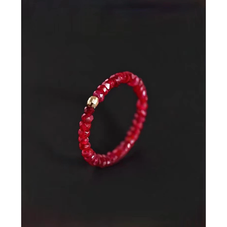 合金戒指 鸽血刻面红水晶戒圈转运珠指环简约气质ins红色单圈女款