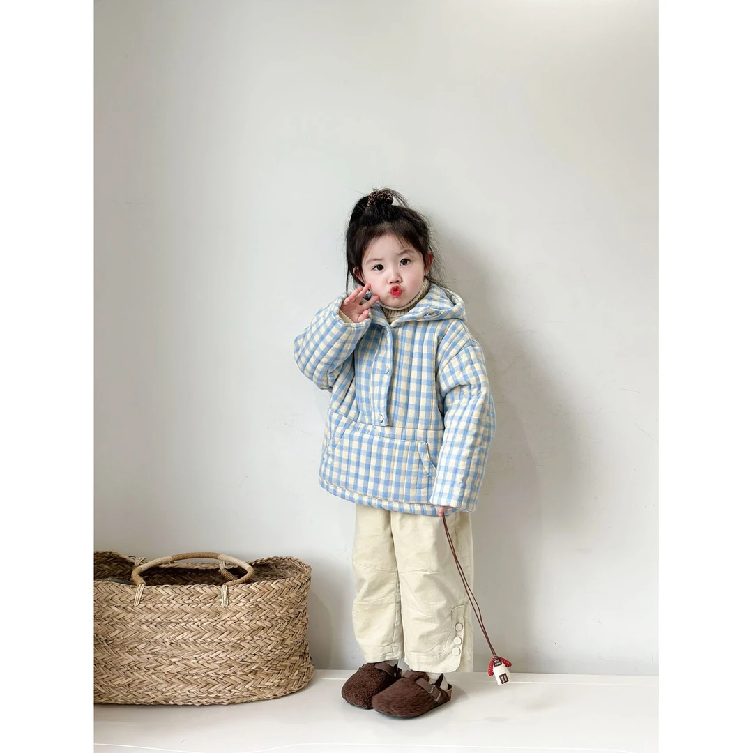 Bmy2024wt 冬季女童新款蓝格子连帽棉衣外套边边钉扣休闲棉裤套装