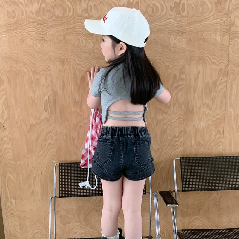 Bmy2023ss 夏款“满分”INS韩版女童装露背上衣T恤短款弹力套装