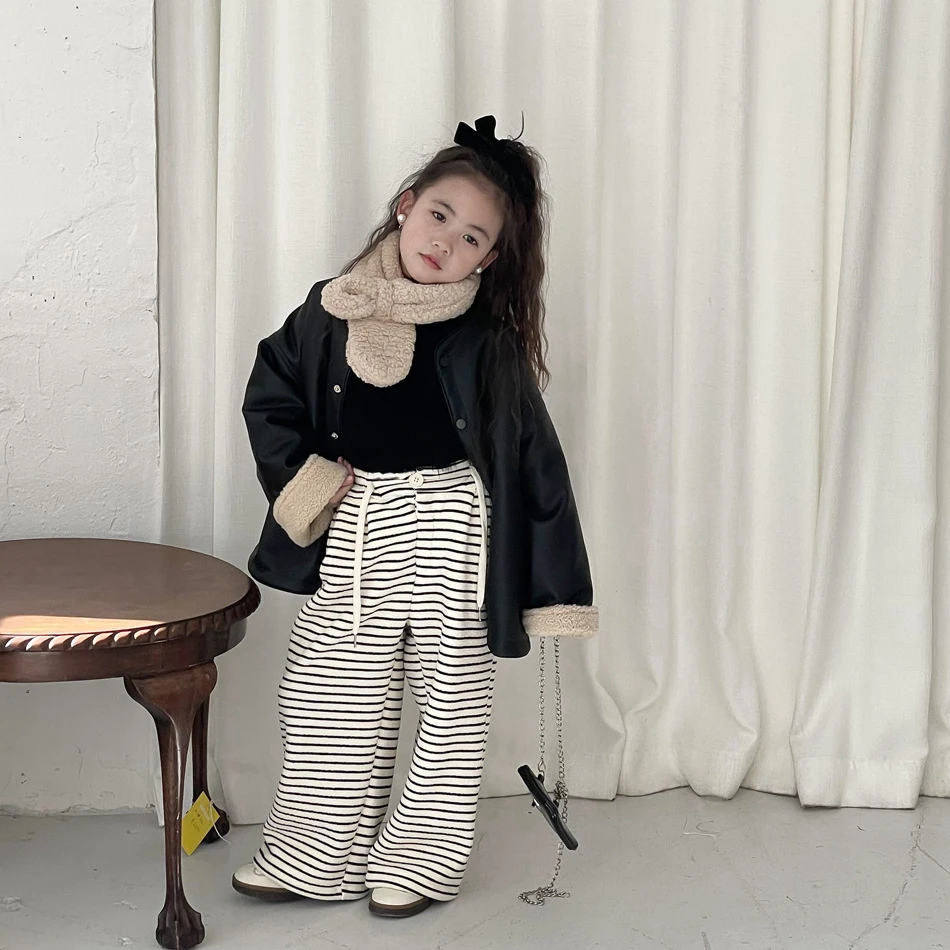 Bmy2023wt 冬款男女童韩版加绒条纹阔腿裤儿童宝宝休闲直筒裤子