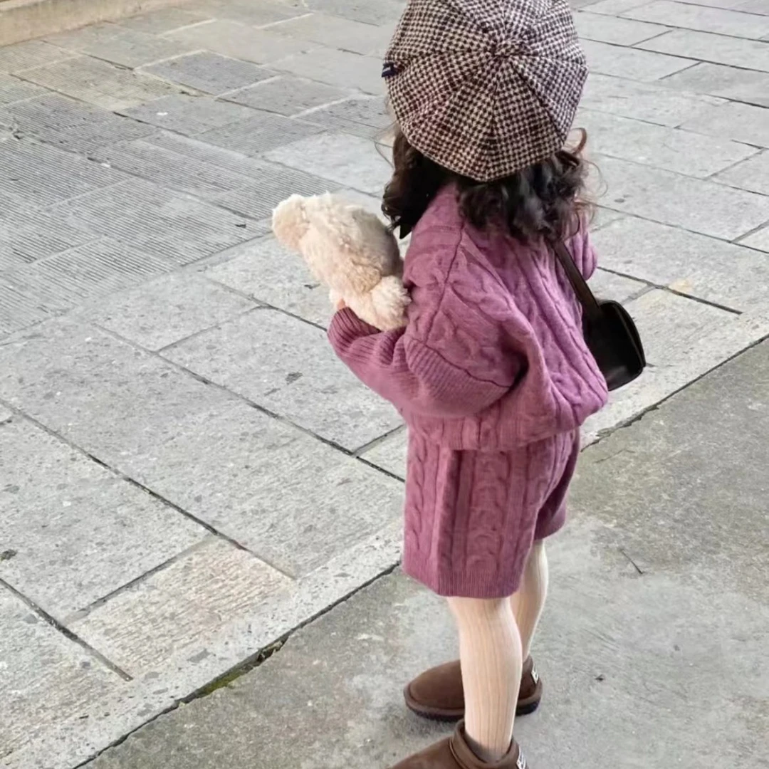 Bmy2023 冬款“紫苑”韩版女宝宝紫色毛线麻花上衣中裤针织毛衣套装